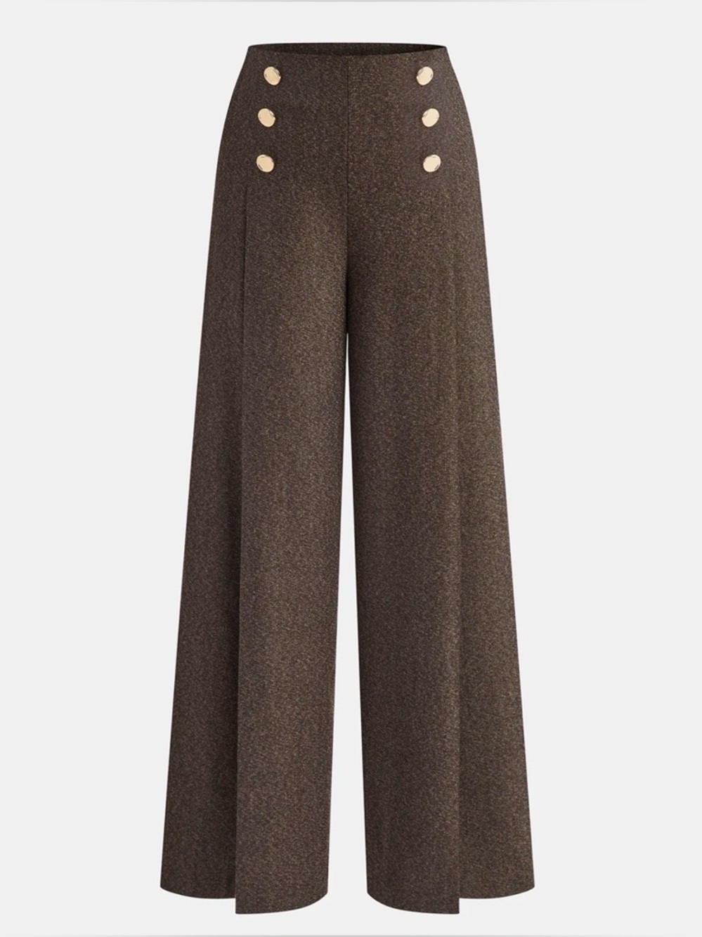 High-Waist Wide-Leg Pants with Gold Buttons - Brown